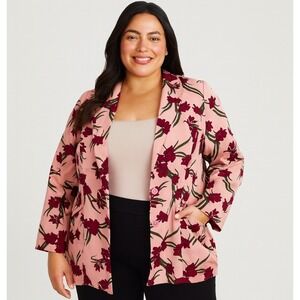 JustFab Floral Blazer 1X Women's Pink Burgundy Button Front Pockets Cinched Back